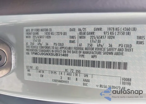 2025 Ford Escape Active из США, поврежденный, VIN 1FMCU0GNXSUB31480